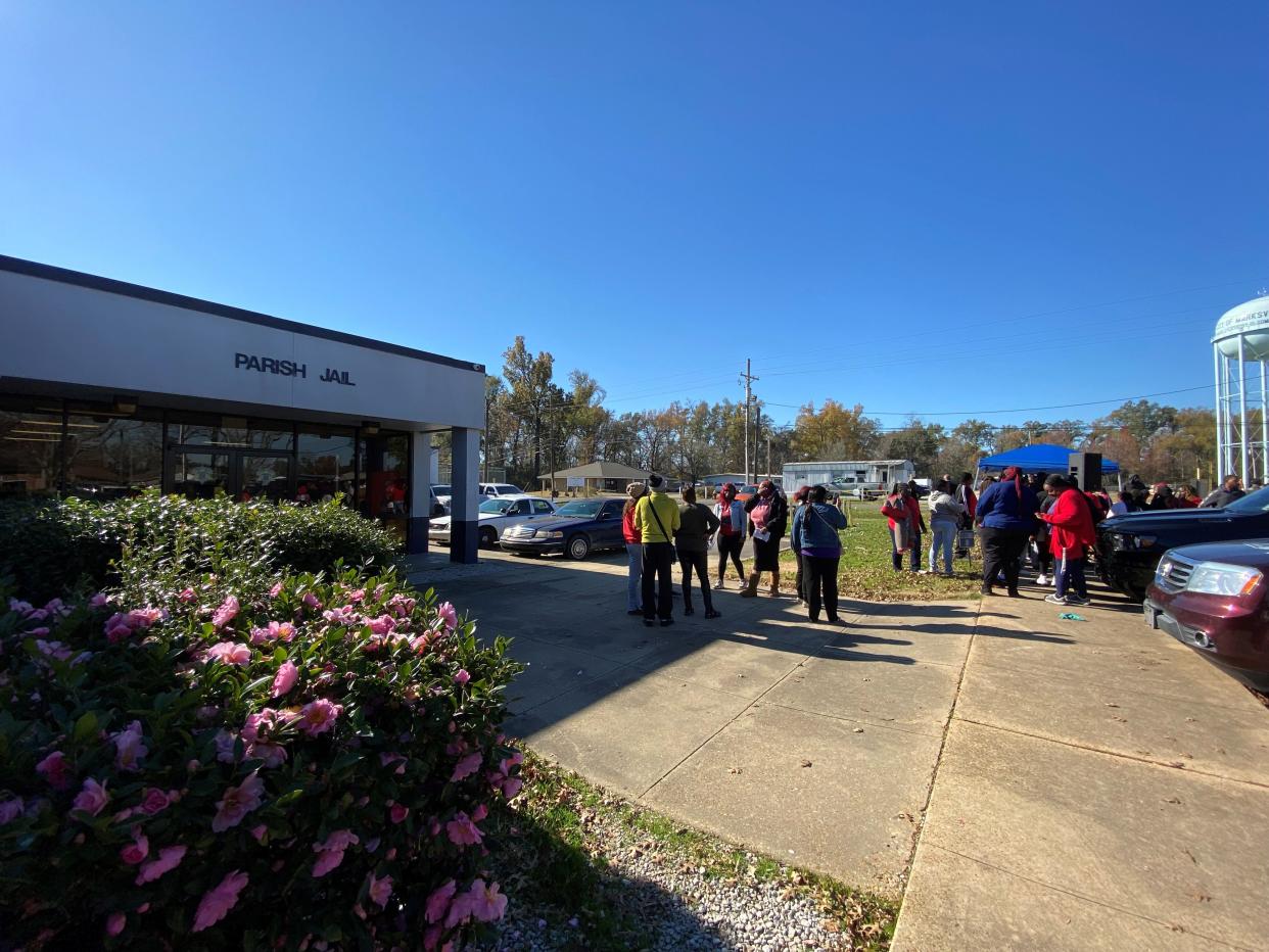 People linger near the entrance to the Avoyelles Parish Jail on Friday, Dec. 29, 2023, after a news conference about the Nov. 4 beating of inmate Jerome Demond Stevenson, who died in a hospital two days later.