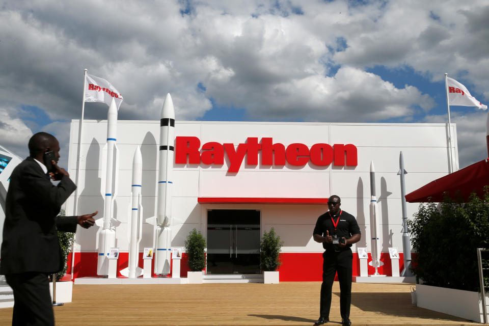A security officer stands guard in front of a Raytheon stand at the 53rd International Paris Air Show at Le Bourget Airport near Paris, France June 21, 2019. REUTERS/Pascal Rossignol
