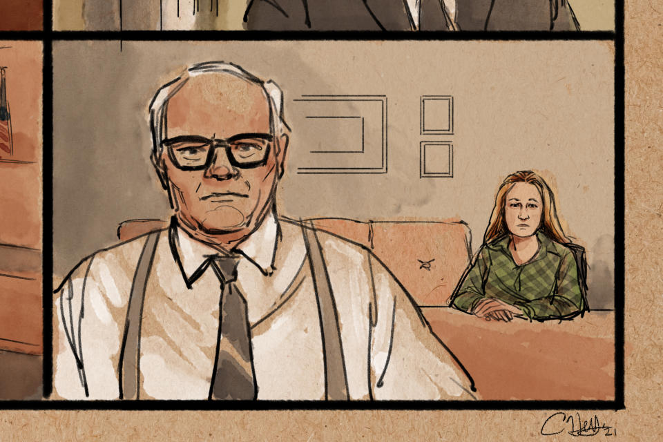 In this courtroom sketch, attorney Earl Gray, left, appears as he represents former Brooklyn Center police Officer Kim Potter, background right, during her first court appearance, over Zoom, in the traffic-stop shooting death of Black motorist Daunte Wright, Thursday, April 15, 2021, in Brooklyn Center, Minn. (Cedric Hohnstadt via AP)
