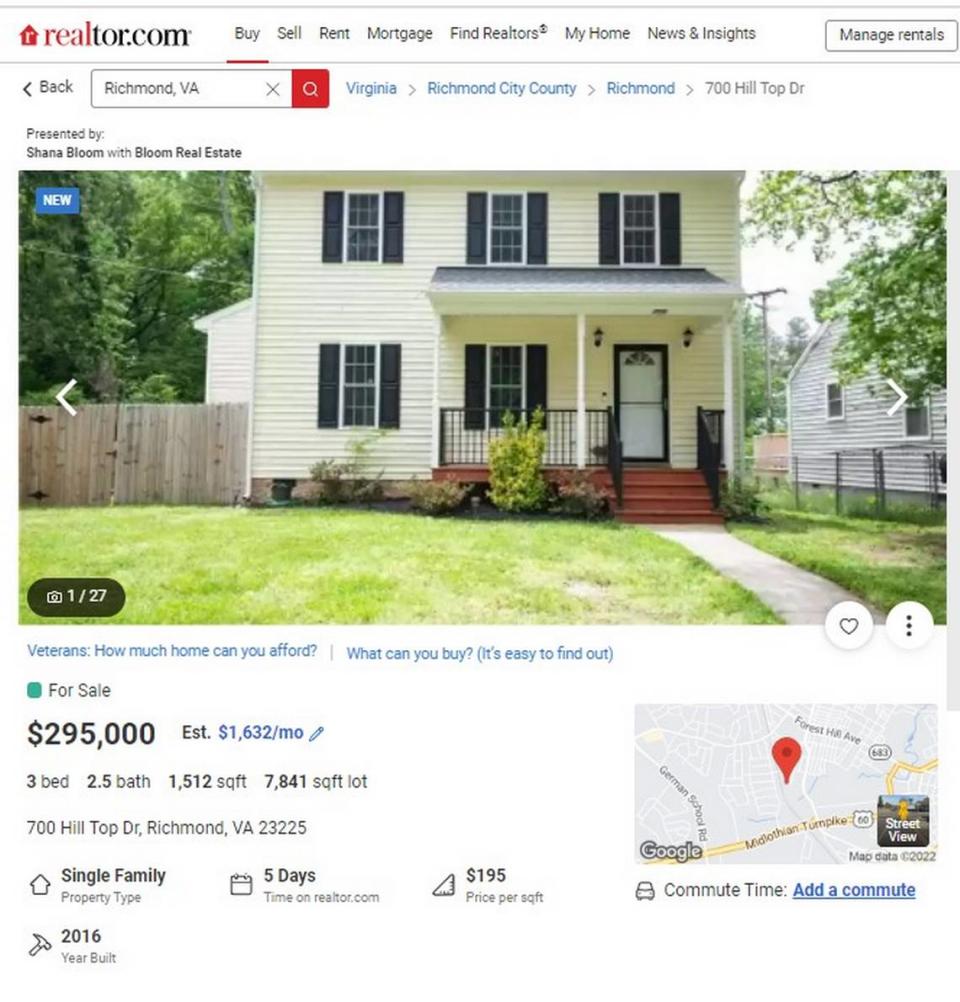 This three-bedroom home in Richmond, Virginia, is listed at $295,000.