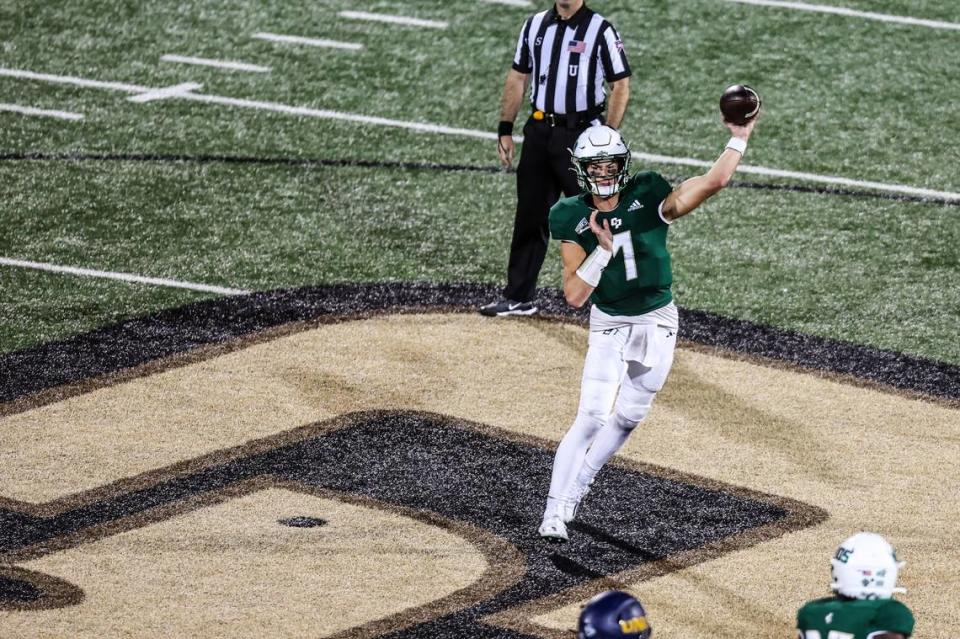 Cal Poly quarterback Sam Huard (7) throws a pass in the second half during the Mustangs’ 24-17 over Northern Colorado on Saturday, Oct. 21, 2023, at Mustang Memorial Field. @Owen Main