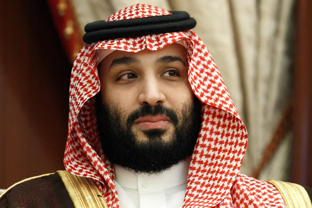 Saudi Arabia's Crown Prince Mohammed bin Salman, meets with Secretary of State Mike Pompeo at Al Salam Palace in Jiddah, Saudi Arabia, Monday, June 24, 2019. (Jacquelyn Martin/ Pool via AP)