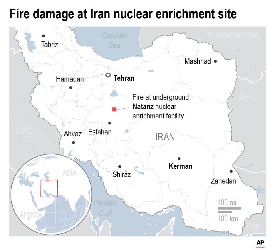 A fire has burned a building above Iran's underground Natanz nuclear enrichment facility, though officials say it did not affect its centrifuge operation or cause any release of radiation.;