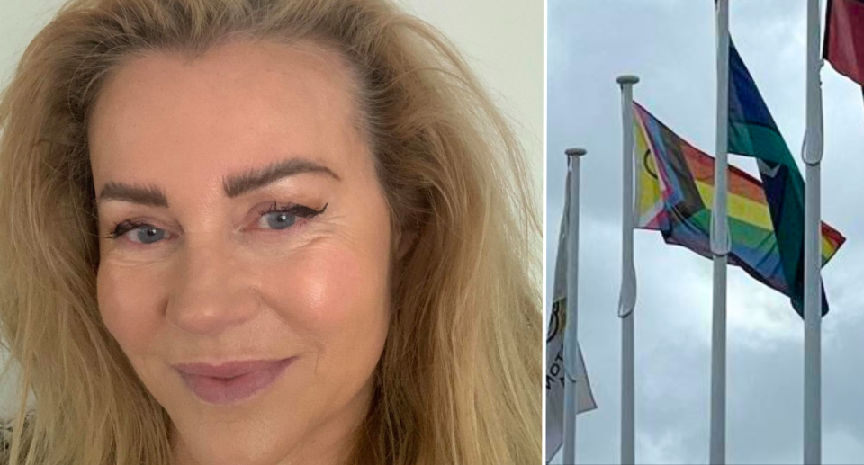 Councillor Susan Bissinger selfie image on the left. Progress pride flag image on the right. 