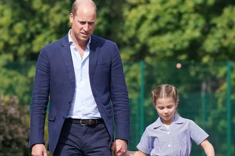 Princess Charlotte and Prince William, Duke of Cambridge arrive for a settling in afternoon at Lambrook School, near Ascot on September 7, 2022 in Bracknell, England.