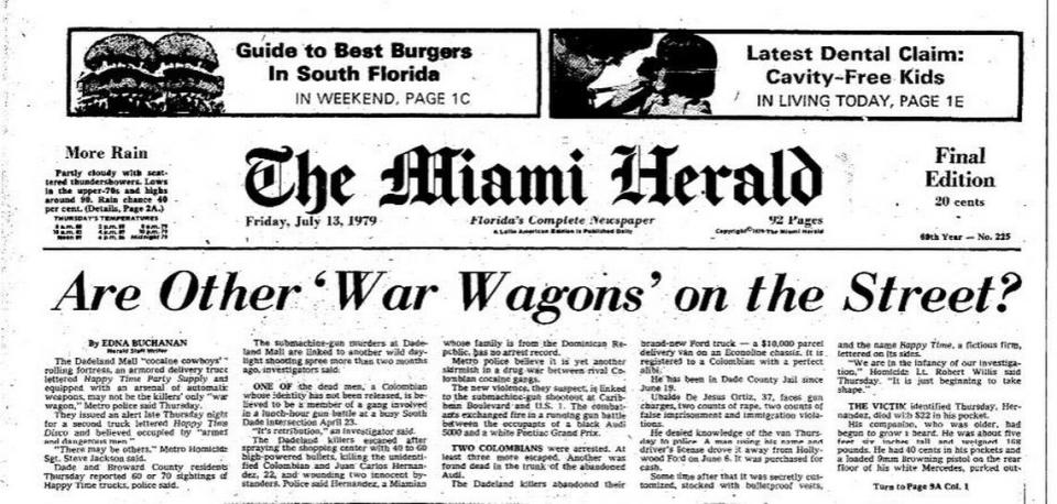 Portada del Miami Herald del 13 de julio de 1979. Esto ocurría dos días después de que dos traficantes de drogas fueran asesinados dentro de una Crown Liquors Store en Dadeland Mall. Los asesinos llegaron en una vagoneta Ford de reparto de paquetes convertida en un "carro de guerra".