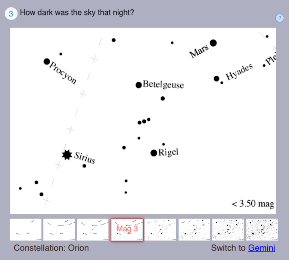 The Globe at Night survey asks users to select which panel – each representing different levels of light pollution – best matches the sky above them. <a href="https://globeatnight.org/webapp/" rel="nofollow noopener" target="_blank" data-ylk="slk:The Globe at Night;elm:context_link;itc:0;sec:content-canvas" class="link ">The Globe at Night</a>, <a href="http://creativecommons.org/licenses/by/4.0/" rel="nofollow noopener" target="_blank" data-ylk="slk:CC BY;elm:context_link;itc:0;sec:content-canvas" class="link ">CC BY</a>