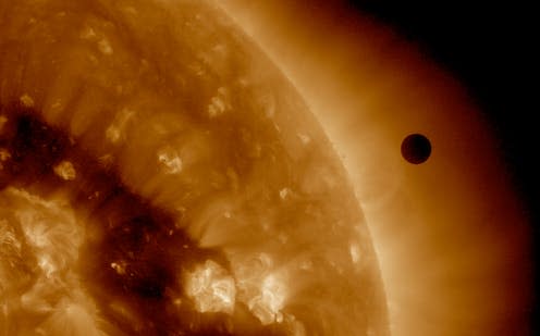 <span class="caption">Venus feels the sun's heat – but how?</span> <span class="attribution"><a class="link " href="https://www.flickr.com/photos/gsfc/7158852717/sizes/l" rel="nofollow noopener" target="_blank" data-ylk="slk:NASA, SDO, AIA/Flickr.;elm:context_link;itc:0;sec:content-canvas">NASA, SDO, AIA/Flickr. </a>, <a class="link " href="http://creativecommons.org/licenses/by/4.0/" rel="nofollow noopener" target="_blank" data-ylk="slk:CC BY;elm:context_link;itc:0;sec:content-canvas">CC BY</a></span>