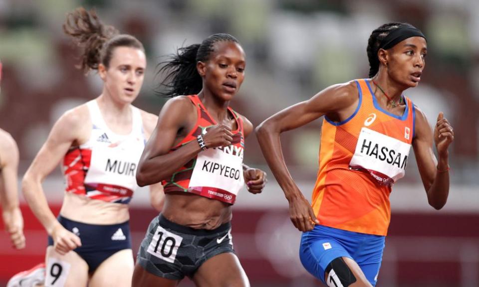 Sifan Hassan of the Netherlands, Faith Kipyegon of Kenya, and Laura Muir of Britain in the 1500.