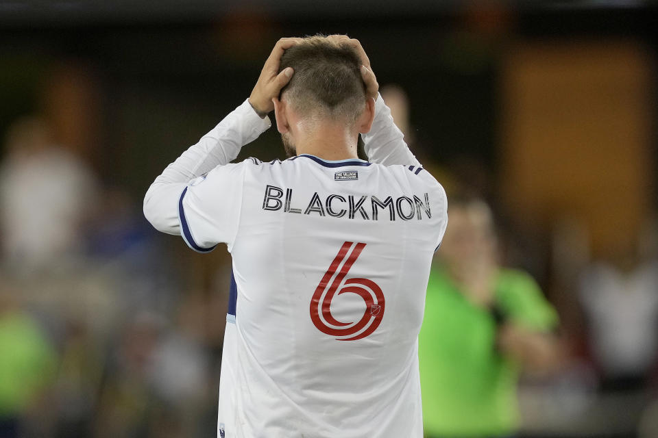 Vancouver Whitecaps defender Tristan Blackmon (6) reacts after being called offsides on a goal against the San Jose Earthquakes during the second half of an MLS soccer match in San Jose, Calif., Sunday, Sept. 4, 2022. San Jose won 2-0. (AP Photo/Tony Avelar)