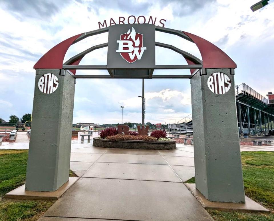 An entrance to the current Belleville West High School football field includes two pillars that Belleville Historical Society moved from the school’s former campus on Main Street in 2012, when Lindenwood University renovated the stadium at that location.