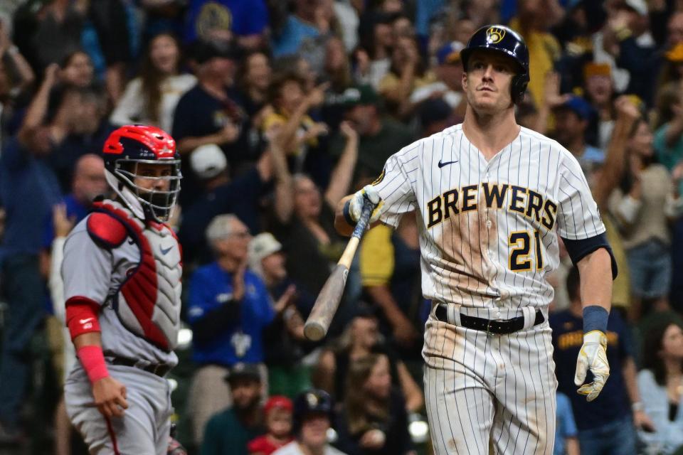 Sep 16, 2023; Milwaukee, Wisconsin, USA; Milwaukee Brewers left fielder Mark Canha (21) reacts after hitting a grand slam home run in the eighth inning against the Washington Nationals at American Family Field. Mandatory Credit: Benny Sieu-USA TODAY Sports