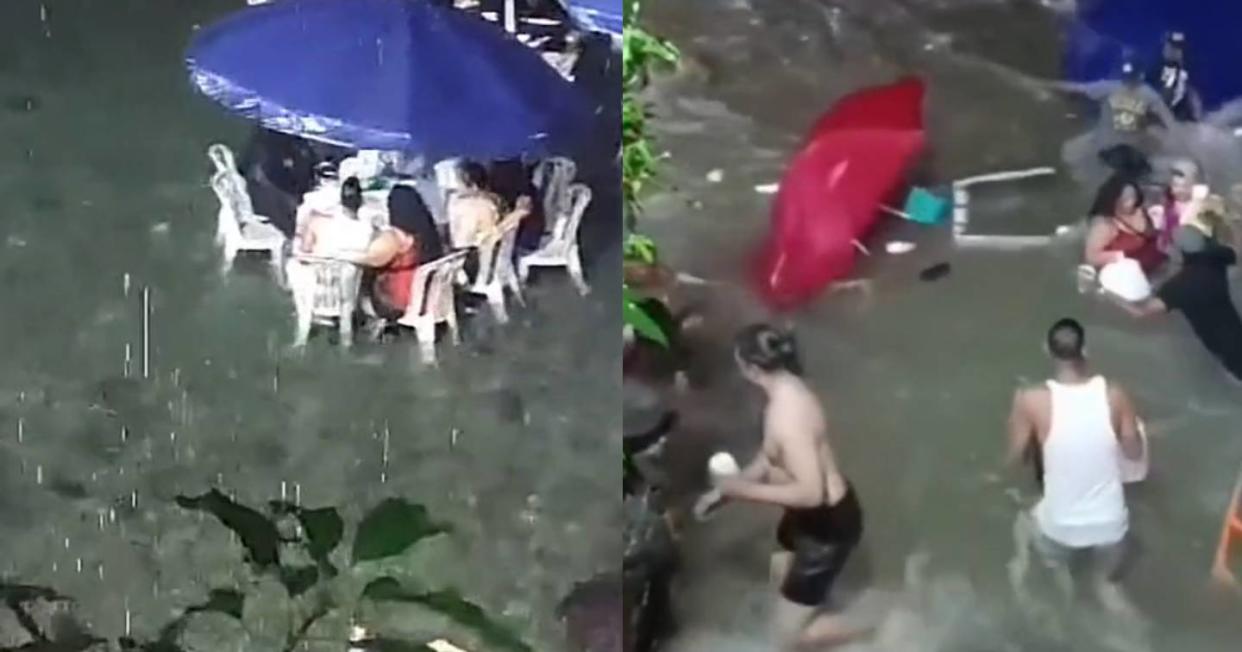 Estaban disfrutando de una velada dentro del río, la corriente aumentó y arrasó con todo. Foto: captura de video TikTok vía @enbromayenserio4 y @sime01273002