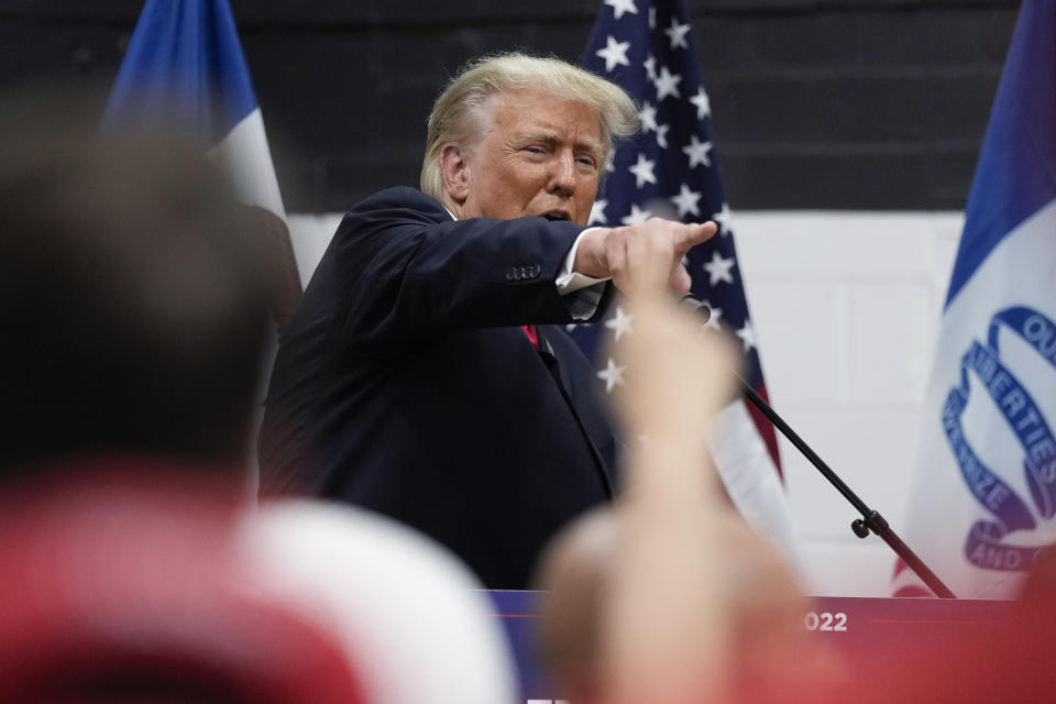 Former President Donald Trump visits with campaign volunteers at the Grimes Community Complex Park, Thursday, June 1, 2023, in Des Moines, Iowa. (AP Photo/Charlie Neibergall)