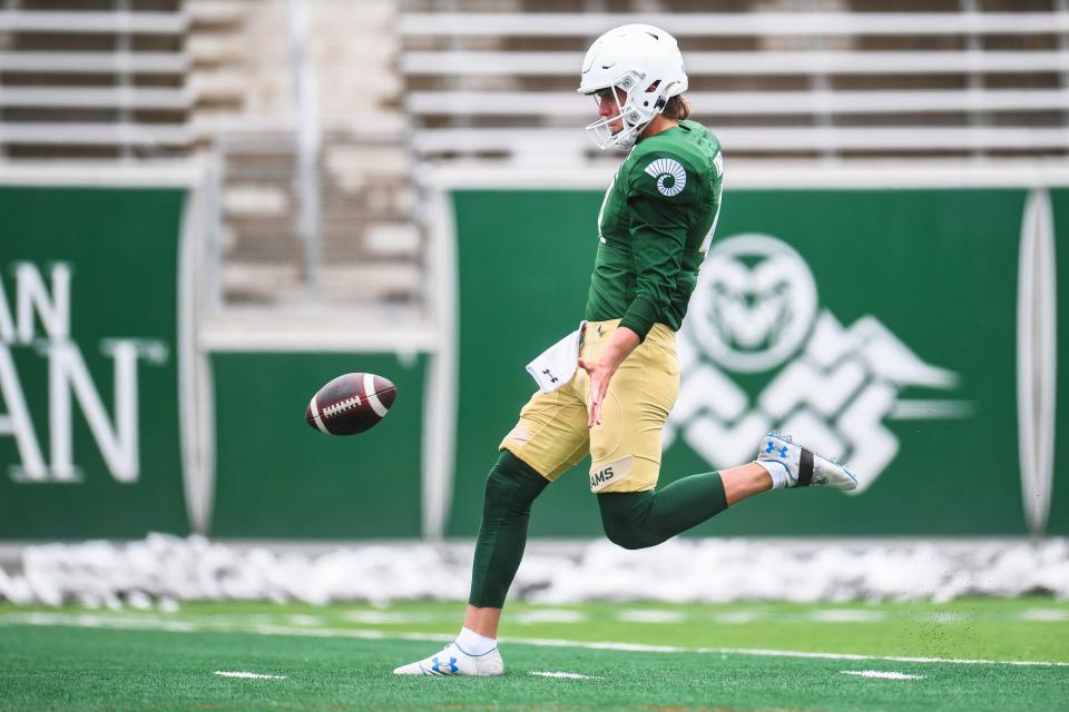 Colorado State's Paddy Turner punts during the green and gold spring game on April 22 at Canvas Stadium in Fort Collins.