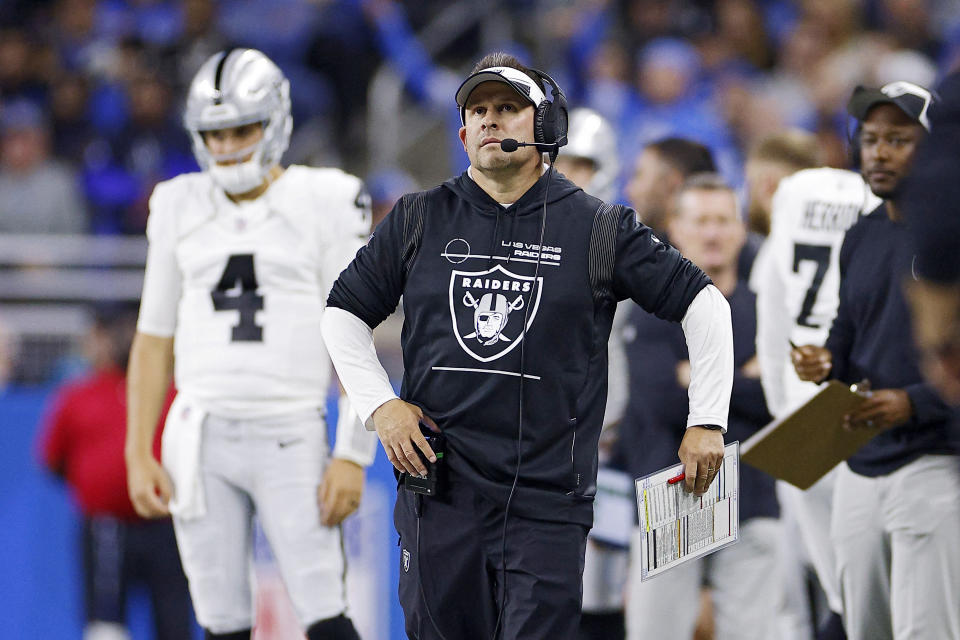 DETROIT, MICHIGAN - OCTOBER 30: Head coach Josh McDaniels of the Las Vegas Raiders looks on in the second half of a game against the Detroit Lions at Ford Field on October 30, 2023 in Detroit, Michigan. (Photo by Mike Mulholland/Getty Images)