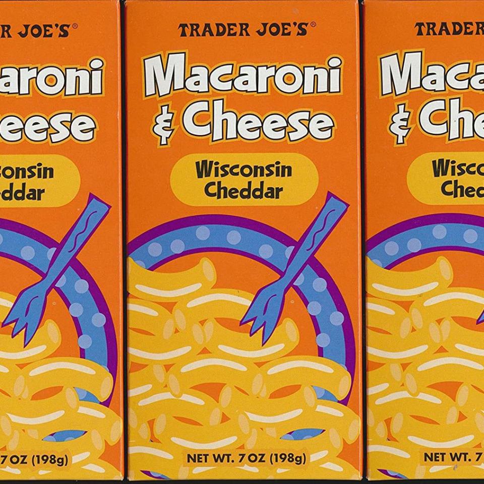 <p>Trader Joe’s private label products are known to be hidden gems, and their <a href="https://www.amazon.com/Trader-Joes-Macaroni-Wisconsin-Cheddar/dp/B00DLDHTMK?tag=syn-yahoo-20&ascsubtag=%5Bartid%7C10063.g.37574802%5Bsrc%7Cyahoo-us" rel="nofollow noopener" target="_blank" data-ylk="slk:Macaroni & Cheese with Wisconsin Cheddar;elm:context_link;itc:0;sec:content-canvas" class="link ">Macaroni & Cheese with Wisconsin Cheddar</a> is no exception. It’s a solid meal without any frills which isn’t necessarily a bad thing. The coloring is more off-white than the golden hue that you’d expect to see. While the dish could be cheesier, it did taste a bit lighter than the other brands. </p>