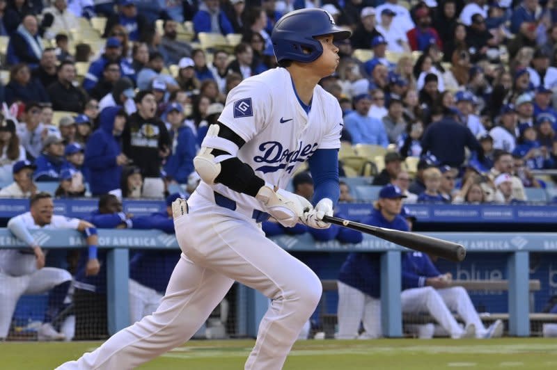 Los Angeles Dodgers designated hitter Shohei Ohtani clobbered a 450-foot home run in the ninth inning of a win over the Washington Nationals on Tuesday in Washington. File Photo by Jim Ruymen/UPI