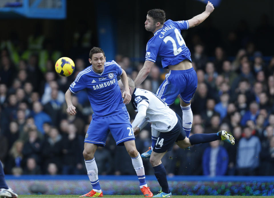 Chelsea's Gary Cahill, right, jumps for the ball during an English Premier League soccer match against Everton at the Stamford Bridge ground in London, Saturday, Feb. 22, 2014. Chelsea won the match 1-0. (AP Photo/Lefteris Pitarakis)