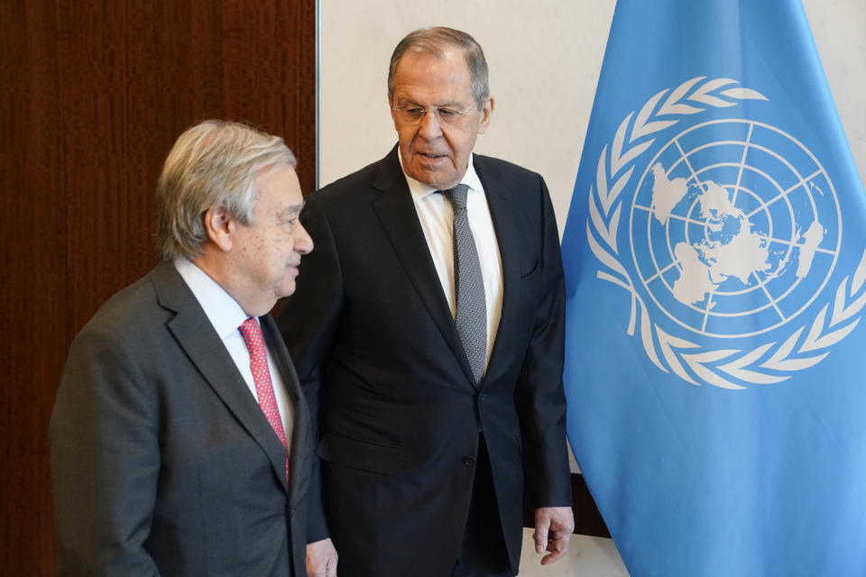 Sergey Lavrov, Russia's Minister for Foreign Affairs, current president of the Security Council, center, and Antonio Guterres, United Nations Secretary General, left, enter a conference room for a meeting at the secretariat offices, Monday, April 24, 2023, at United Nations headquarters. (AP Photo/John Minchillo)