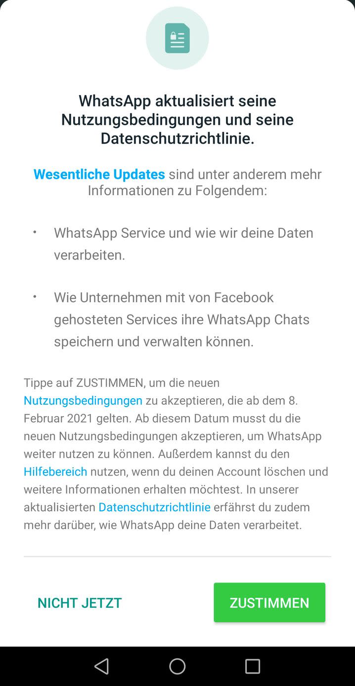 So sieht das Pop-up von WhatsApp aus, dem die User zustimmen sollen (Bild: Screenshot von WhatsApp)