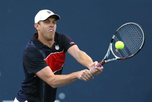 Sam Querrey hits a return to Xavier Malisse of Belgium during day five of the Farmers Classic Presented By Mercedes-Benz at LA Tennis Center at the University of California, Los Angeles, on July 27. Malisse retired with Querrey leading 6-2, 3-1