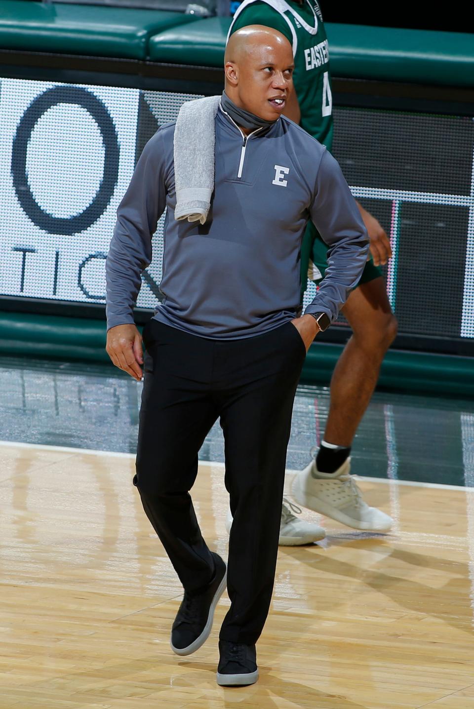 Eastern Michigan coach Rob Murphy stands on the court during the first half against Michigan State, Wednesday, Nov. 25, 2020, in East Lansing.