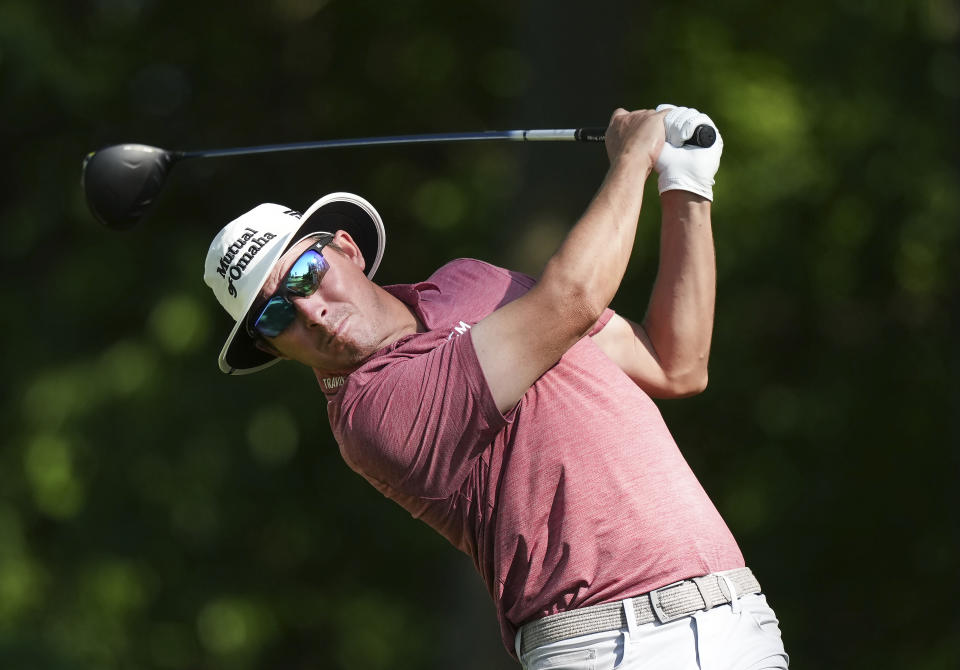 Joel Dahmen watches his tee shot on the seventh hole during the second round of the Canadian Open golf tournament in Hamilton, Ontario, Friday, May 31, 2024. (Nathan Denette/The Canadian Press via AP)