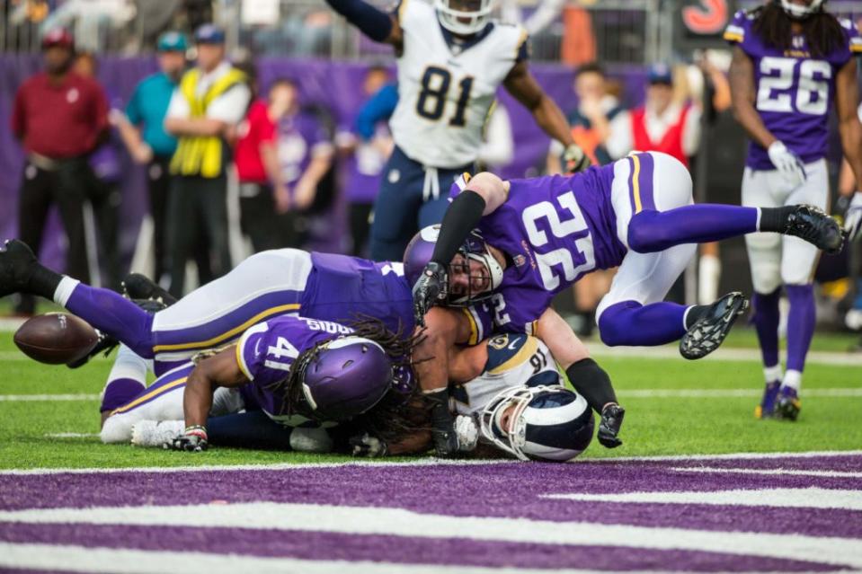 Nov 19, 2017; Minneapolis, MN, USA; Minnesota Vikings safety Anthony Harris (41) forces a fumble on Los Angeles Rams wide receiver Cooper Kupp (18) during the second quarter at U.S. Bank Stadium. Credit: Brace Hemmelgarn-USA TODAY Sports