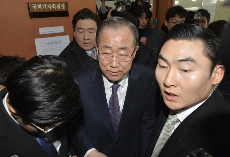 Former U.N. Secretary-General Ban Ki-moon, center, leaves after a press conference at the National Assembly in Seoul, South Korea, Wednesday, Feb. 1, 2017. A news report says Ban has declared that he won't run for South Korea's presidency. (Bae Hoon-shick/Newsis via AP)