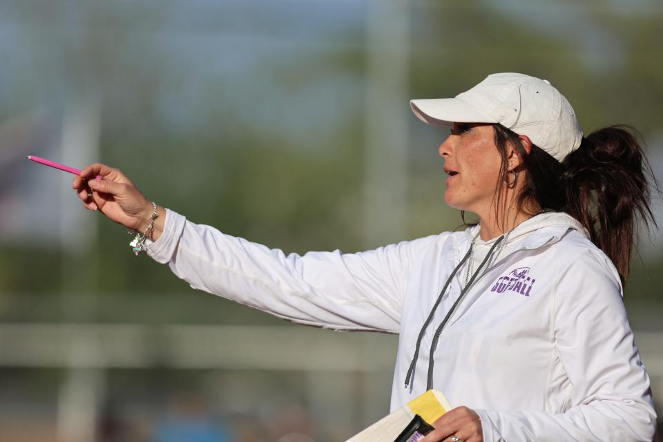 Dimmitt’s Head Coach Victoria Ruiz instructs her team in a District 1-3A play-in game against Canadian, Tuesday, April 25, 2023, at Tascosa High School, in Amarillo, Texas.  Canadian won 4-2.