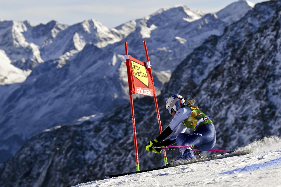 Italy's Marta Bassino speeds down the course during the first run of an alpine ski, women’s World Cup giant slalom race, in Soelden, Austria, Saturday, Oct. 28, 2023. (Gian Ehrenzeller/Keystone via AP)