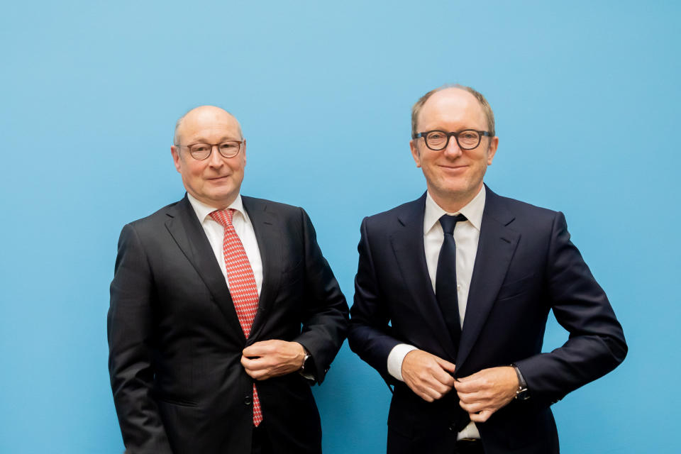 Vonovia-CEO Rolf Buch und Deutsche-Wohnen-Chef Michael Zahn auf einer gemeinsam Pressekonferenz im Roten Rathaus in Berlin