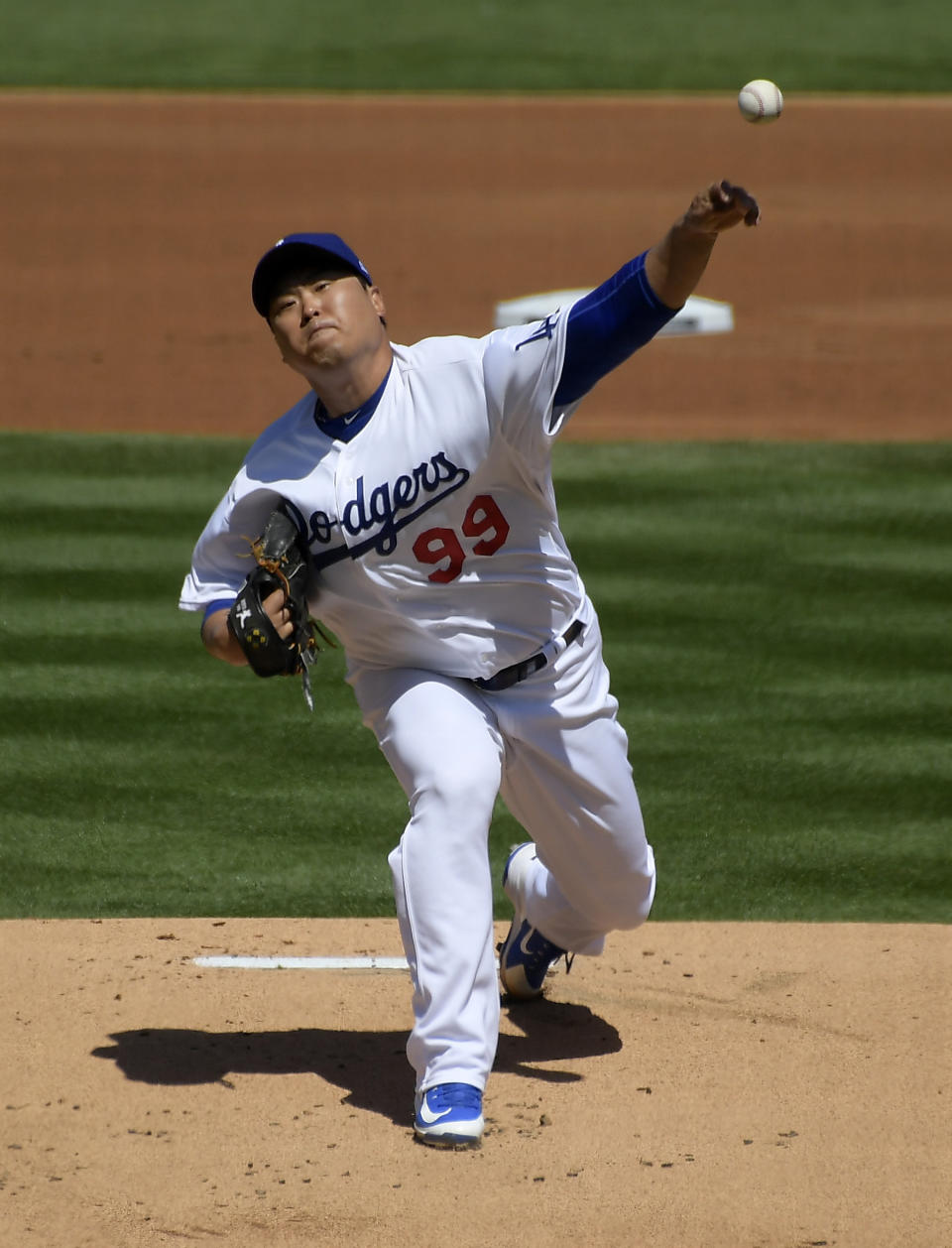 Los Angeles Dodgers starting pitcher Hyun-Jin Ryu throws to the plate during the first inning of a baseball game against the Arizona Diamondbacks Thursday, March 28, 2019, in Los Angeles. (AP Photo/Mark J. Terrill)