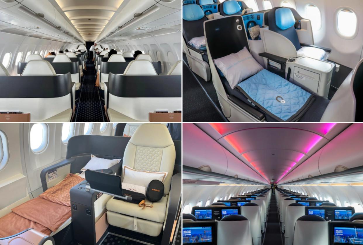 Photo collage: Beond peach-colored plane with lie-flat bed stitched with blue colored La compagnie seats with lie-flat bed.