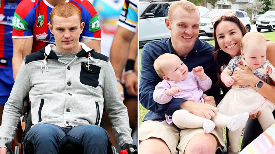 Alex McKinnon (pictured left) entering the field and (pictured right) with Teigan Power and his children.