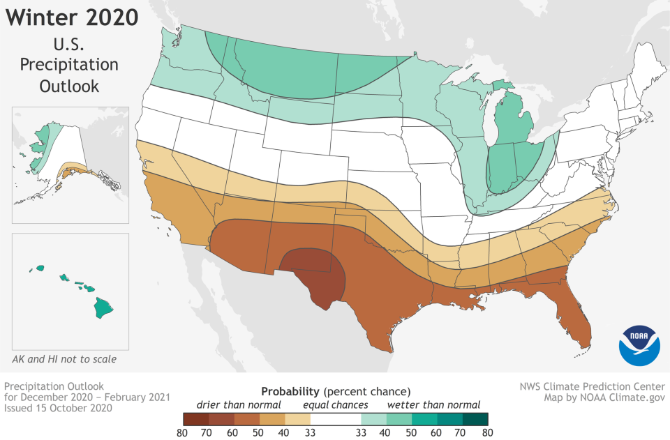 The precipitation outlook for the USA for the winter of 2020-21, according to NOAA: The southern tier should be drier than average (brown), and much of the north should be wetter than average (green).