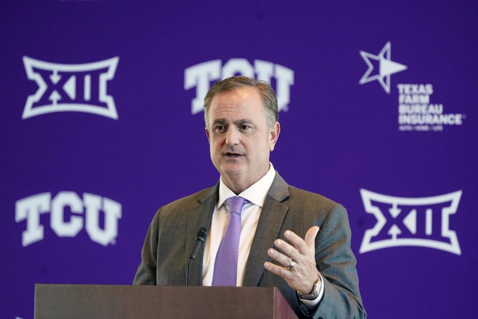 New Texas Christian head coach Sonny Dykes speaks during his introductory news conference on Nov. 30.