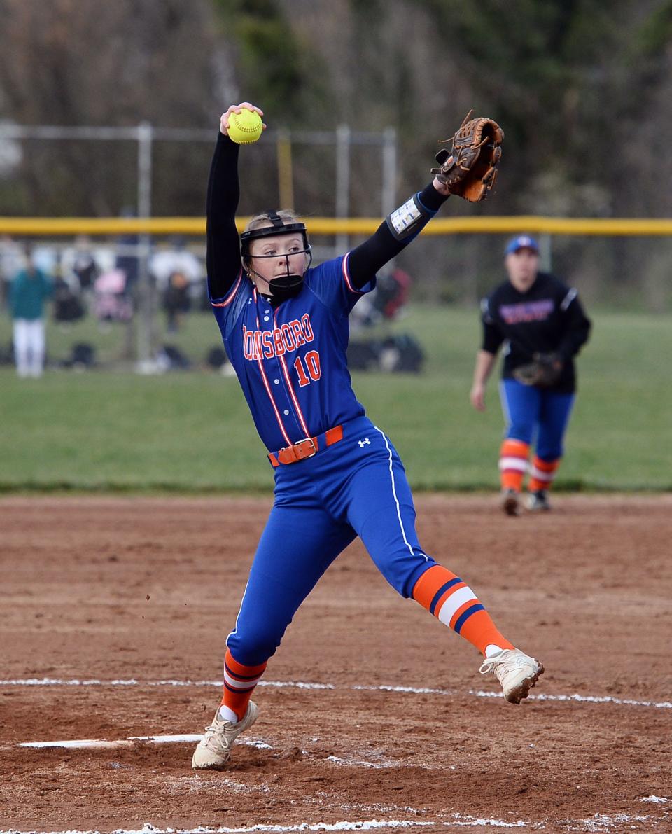 Boonsboro sophomore Addison Tyler, shown earlier this season against Smithsburg, pitched a five-inning perfect game with 12 strikeouts against North Hagerstown.