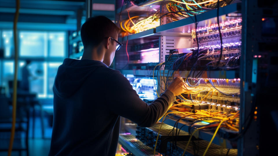 A technician with a laptop looking over a complex optical transport network system.