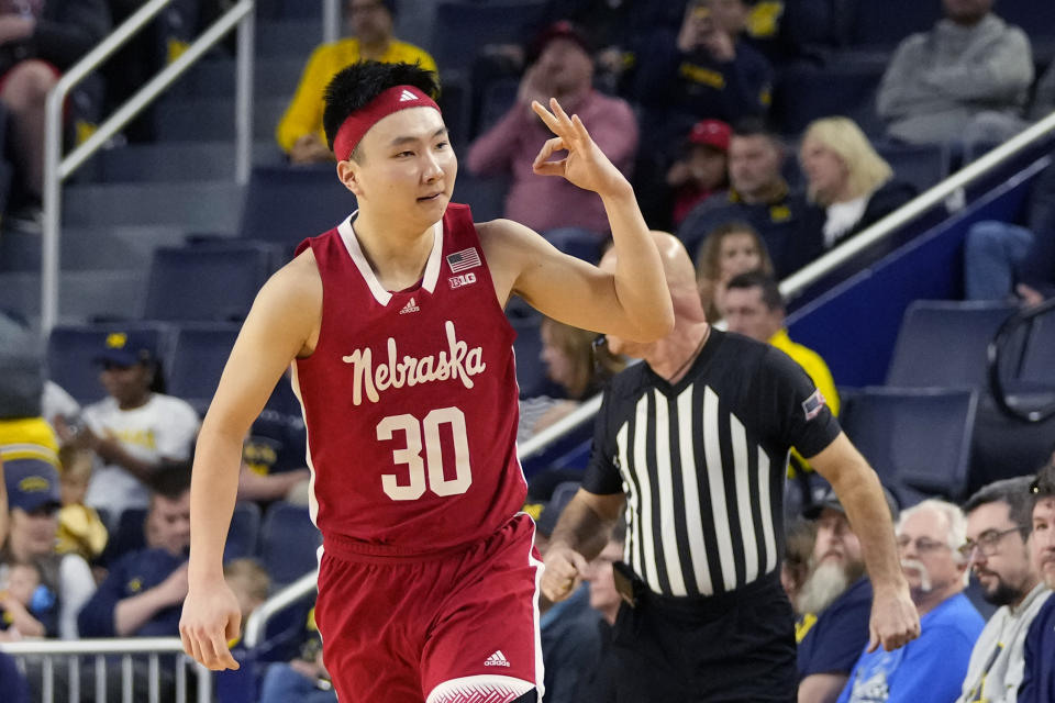 Nebraska guard Keisei Tominaga reacts after a three-point basket during the second half of an NCAA college basketball game against Michigan, Sunday, March 10, 2024, in Ann Arbor, Mich. (AP Photo/Carlos Osorio)