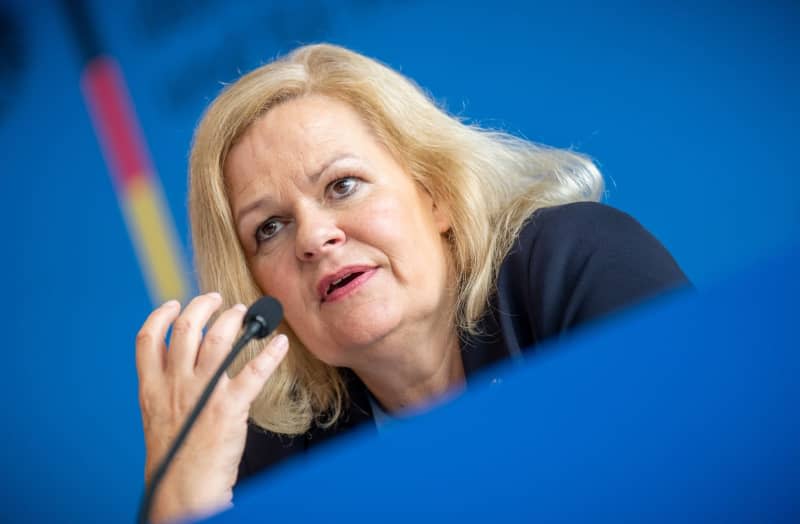 German Minister of the Interior Nancy Faeser takes part in a press conference on the completion of the testing of critical components in 5G communication networks. Michael Kappeler/dpa