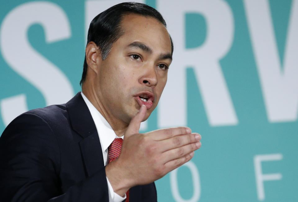 Former Housing and Urban Development Secretary and Democratic presidential candidate Julian Castro speaks during a candidate forum on labor issues Saturday, Aug. 3, 2019, in Las Vegas. (AP Photo/John Locher)