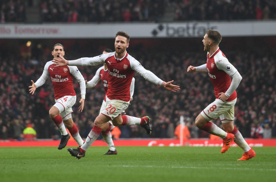 Mustafi celebrates putting the Gunners 1-0 up