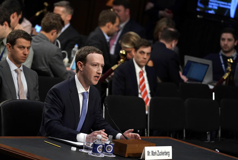 WASHINGTON, DC – APRIL 10: Facebook co-founder, Chairman and CEO Mark Zuckerberg testifies before a combined Senate Judiciary and Commerce committee hearing in the Hart Senate Office Building on Capitol Hill April 10, 2018 in Washington, DC. Zuckerberg, 33, was called to testify after it was reported that 87 million Facebook users had their personal information harvested by Cambridge Analytica, a British political consulting firm linked to the Trump campaign. (Photo by Alex Wong/Getty Images)