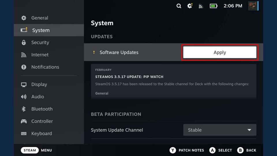 Steam Deck Apply update.