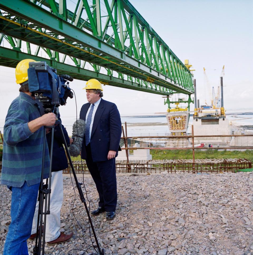 Key being interviewed at the site of the Second Severn Crossing in 1993 - Heritage Images