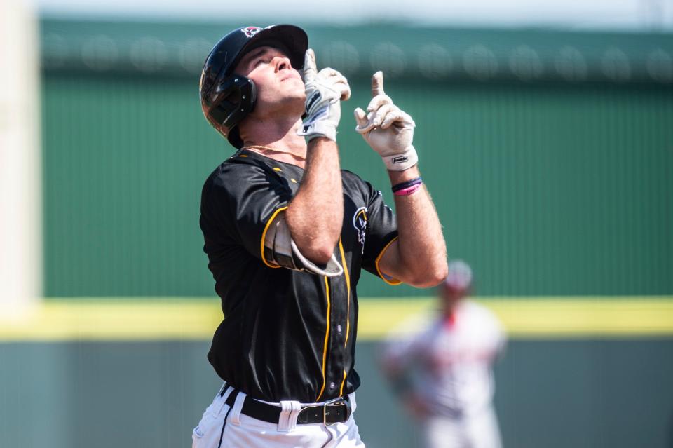 Erie SeaWolves outfielder Kerry Carpenter gives thanks after hitting a home run against the Harrisburg Senators on May 31, 2022, at UPMC Park in Erie. The SeaWolves won 11-3.