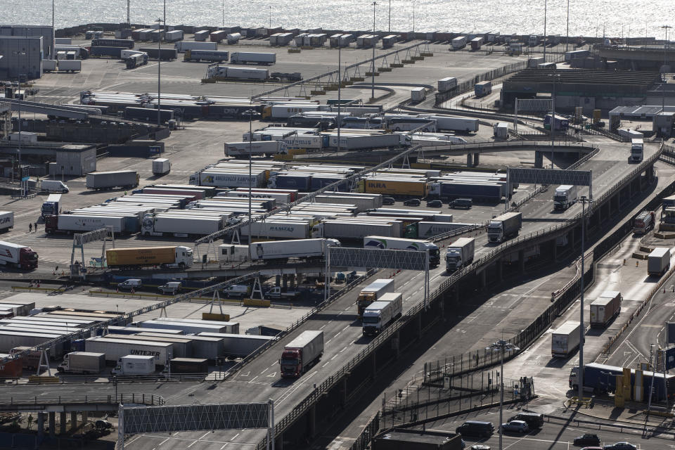 DOVER, ENGLAND - APRIL 04: Lorries arrive and depart from Dover Ferry Terminal on April 4, 2019 in Dover, England. It has been reported the Theresa May has written to the EU asking for an extension to leaving the EU until June 30, 2019.  (Photo by Dan Kitwood/Getty Images)