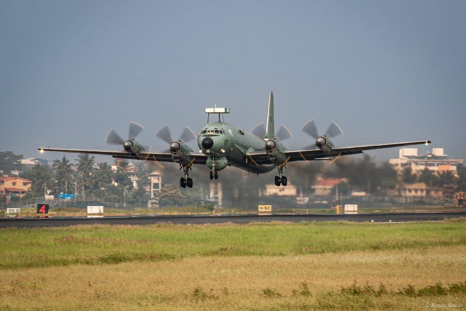 An Il-38 gets airborne trailing its signature engine smoke. <em>Angad Singh</em>